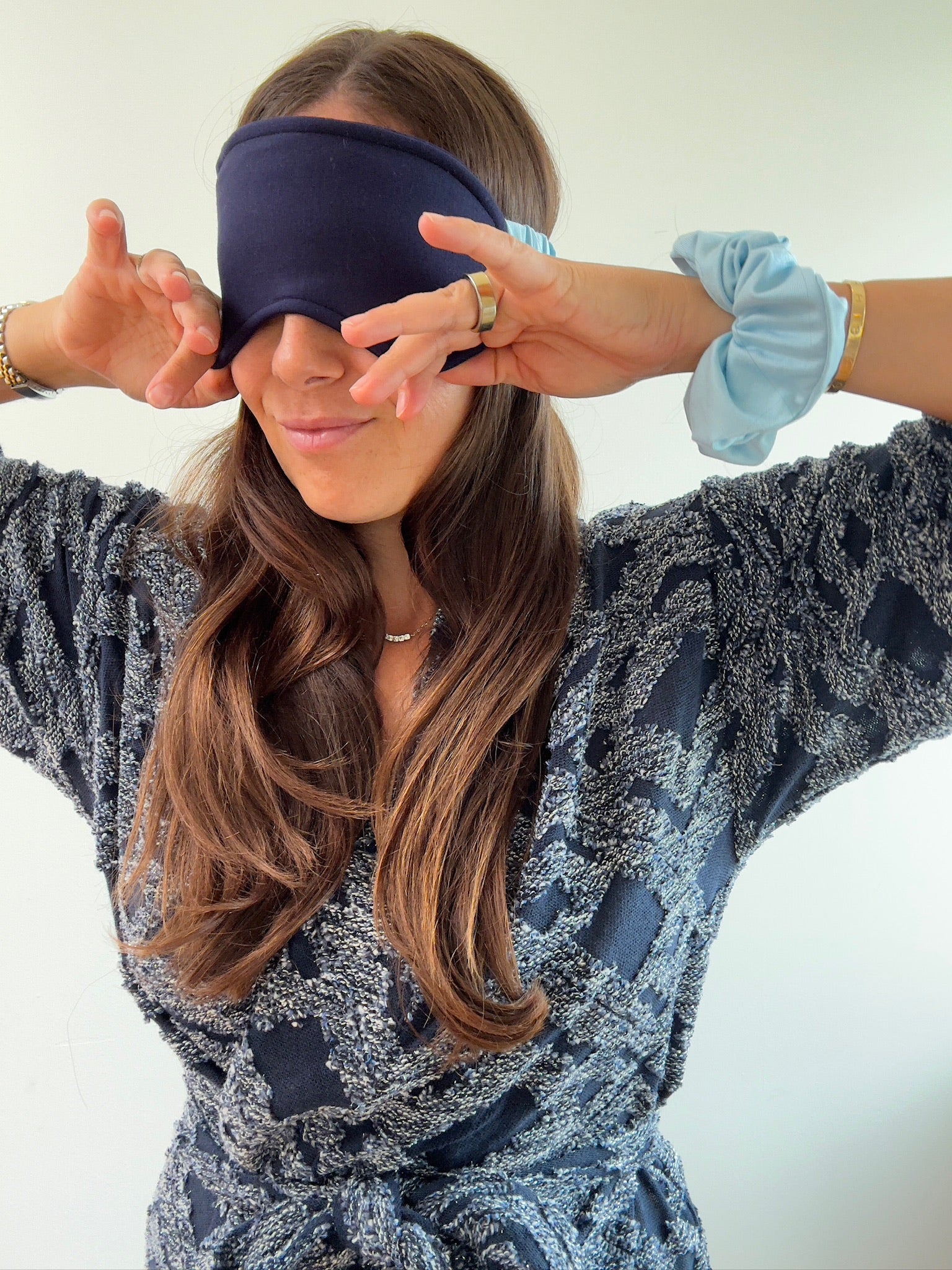 reverie robe and eye mask with blue scrunchie little shadows