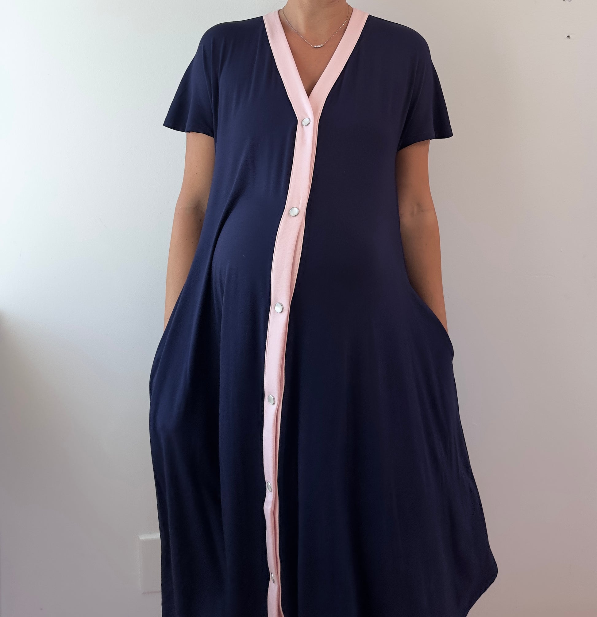 Luxe Labor & Delivery gown with pearl snaps and pockets