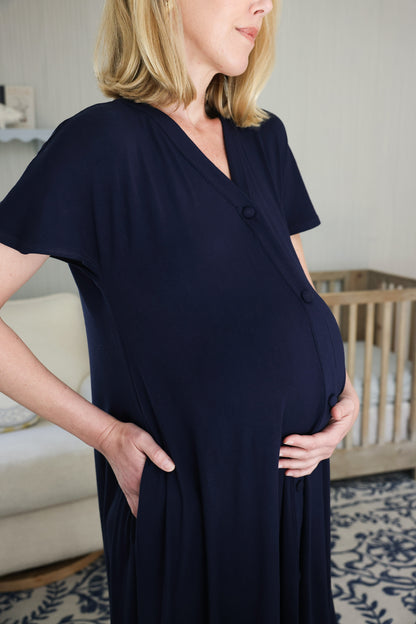 luxe labor and delivery gown all navy pockets