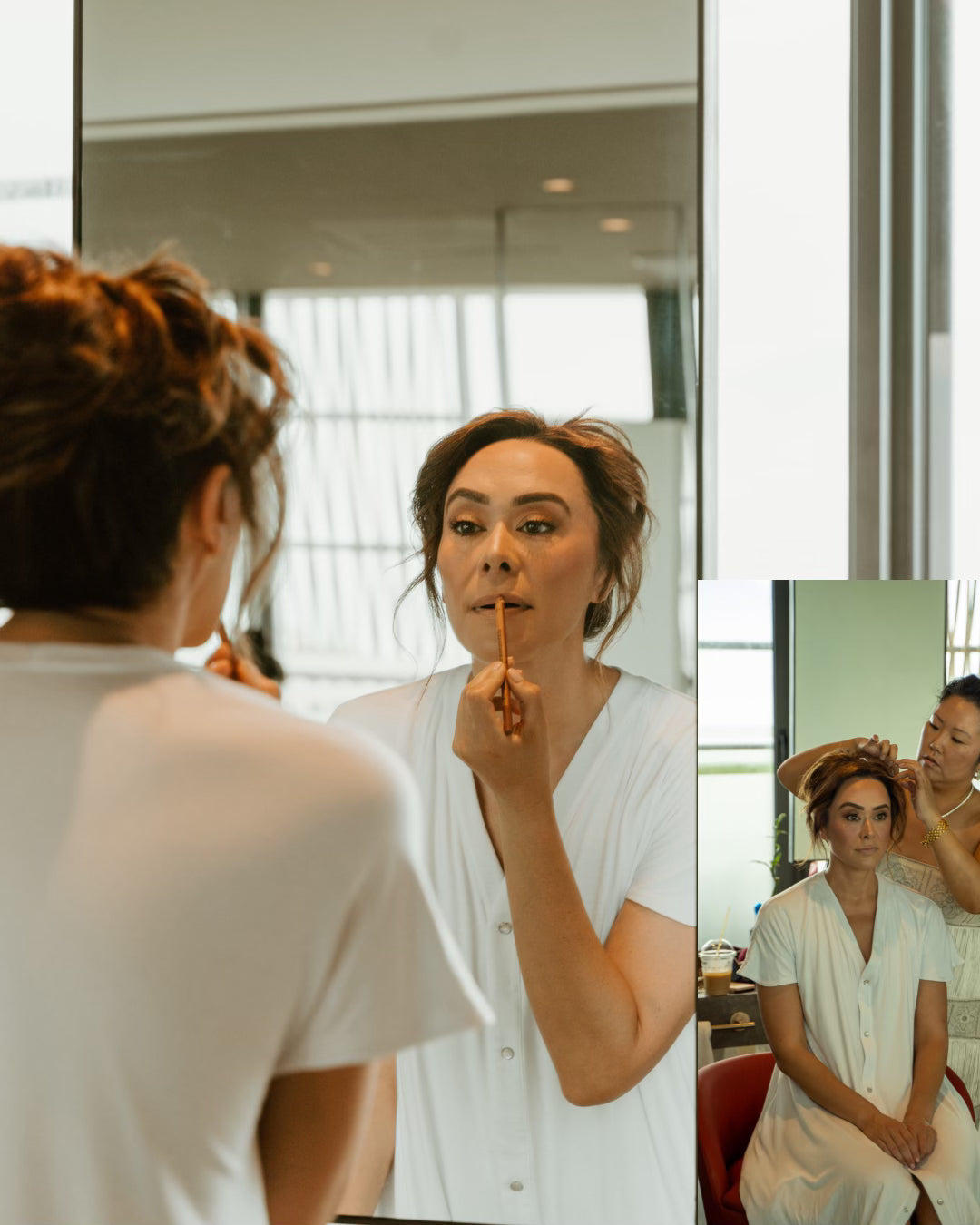 woman in glam gown getting ready in the mirror